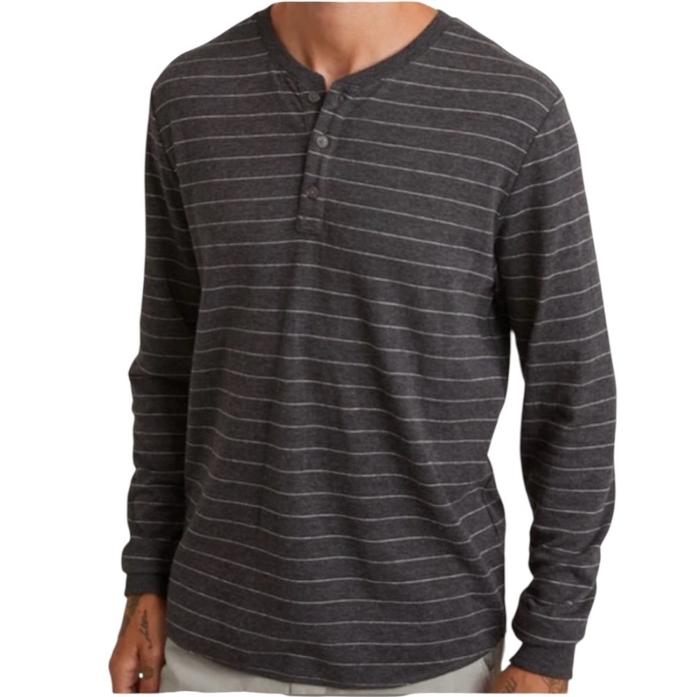 MARINE LAYER Double Knit Henley in Faded Black Striped | Long Sleeve Shirt Large